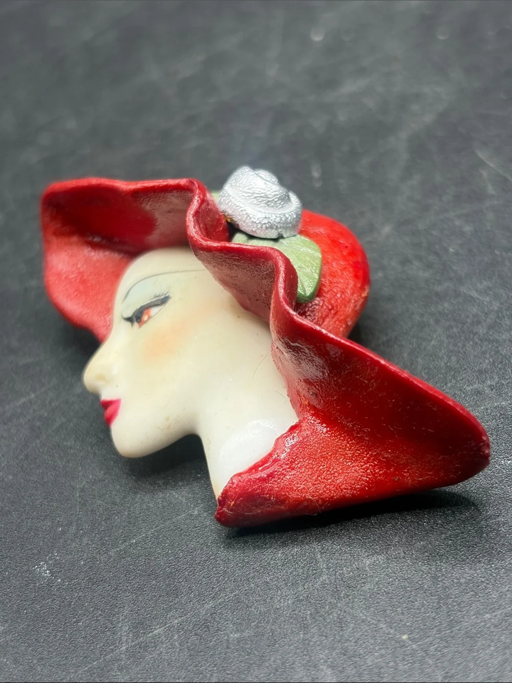 Vintage Hand Painted Art Deco Floppy Hat Lady Bust Head Brooch Pin Jewelry